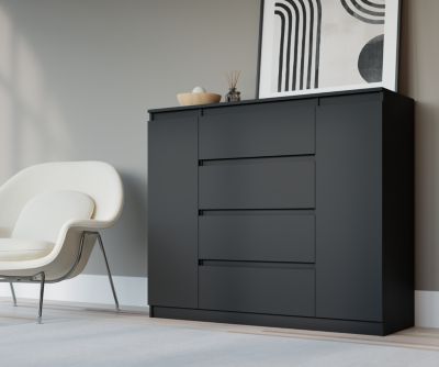 Commode, noir, 140 x 39 x 101 cm, 2 portes, 4 tiroirs