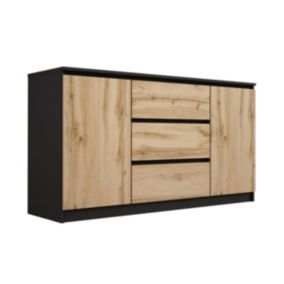 Commode, noir, chêne wotan, 140 x 79 x 39 cm, 3 tiroirs, 2 portes