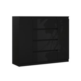 Commode, noir mat, noir brillant, 140 x 39 x 101 cm, 2 portes, 4 tiroirs