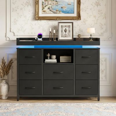 Commode noire 8 tiroirs avec éclairage LED RVB et port USB intégré, style scandinave, cadre métal, pour chambre
