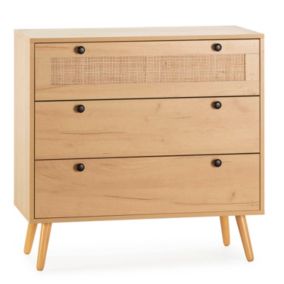 Commode nuit Bella 3 tiroirs couleur chêne avec rotin naturel