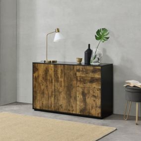 Commode Paarl avec 2 Tiroirs 3 Portes 74 x 117 x 36 cm Noir Mat Effet Chêne Foncé en.casa