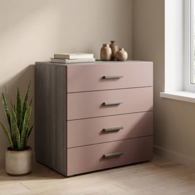 Commode rose taupe et effet chêne grisé avec 4 tiroirs GoodHome Atomia H. 75 x L. 75 x P. 58 cm