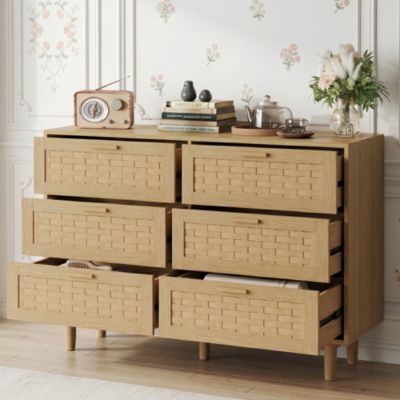 Commode rotin 115 cm, Commode chambre 6 Tiroirs, Finition Bois Naturel, Poignées Métal et Pieds en Bois, Scandinave, Naturel