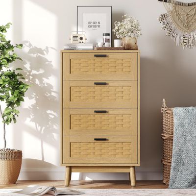 Commode Rotin 95 cm avec 4 Tiroirs, Pieds en Bois de Caoutchouc et Poignées Noires, Campagnard, pour Salon, Chambre, Naturel