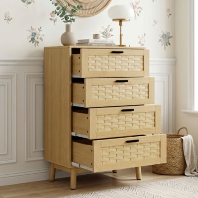 Commode Rotin 95 cm avec 4 Tiroirs, Pieds en Bois de Caoutchouc et Poignées Noires, Style Campagnard, pour Salon, Chambre, Naturel