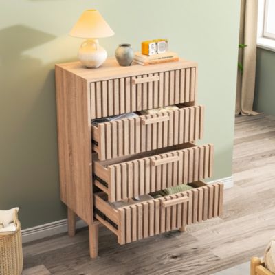 Commode Scandinave 60 cm avec 4 tiroirs, Commode Chambre en rotin, poignées en bois et pieds, Meuble Tiroir Rangement, Naturel