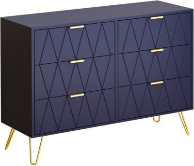 Commode Scandinave Elégant 6 Tiroirs, Meuble de Rangement, 100 x 34 x 73cm, Bleu Marine