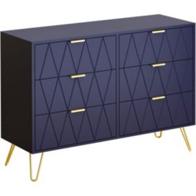 Commode Scandinave Elégant 6 Tiroirs, Meuble de Rangement, 100 x 34 x 73cm, Bleu Marine