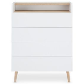 Commode SKANDI style scandinave en bois avec 4 tiroirs et 1 niche, meuble rangement chambre, design nordique lasuré blanc