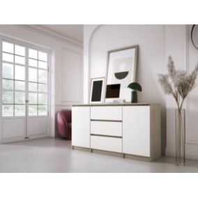 Commode, sonoma chêne, blanc mat, 140 x 79 x 39 cm, 3 tiroirs, 2 portes