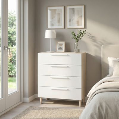 Commode sur pieds blanche et effet chêne 4 tiroirs GoodHome Atomia H. 86 x L. 75 x P. 45 cm