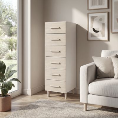 Commode sur pieds blanche et effet chêne 6 tiroirs GoodHome Atomia H. 123,5 x L. 37,5 x P. 47 cm