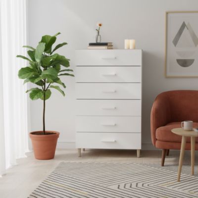 Commode sur pieds blanche et effet chêne 6 tiroirs GoodHome Atomia H. 123,5 x L. 75 x P. 45 cm