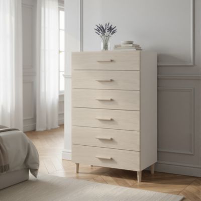 Commode sur pieds blanche et effet chêne 6 tiroirs GoodHome Atomia H. 123,5 x L. 75 x P. 47 cm