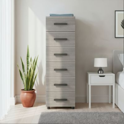 Commode sur pieds effet chêne grisé 6 tiroirs GoodHome Atomia H. 112,5 x L. 37,5 x P. 45 cm
