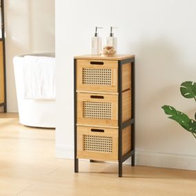 Commode Tervola avec 3 tiroirs 72 x 30 x 30 cm noir naturel effet rotin en.casa