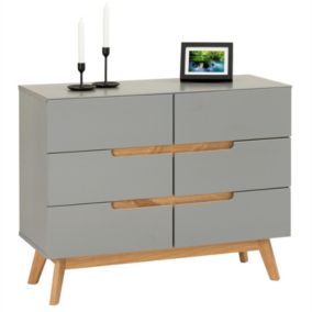 Commode TIBOR style scandinave design vintage nordique avec 6 tiroirs, en pin massif lasuré gris