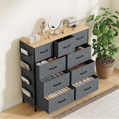 Commode tissu avec 9 tiroirs, commode de chambre, structure en métal, poignées en bois, grand espace de rangement, design, Gris