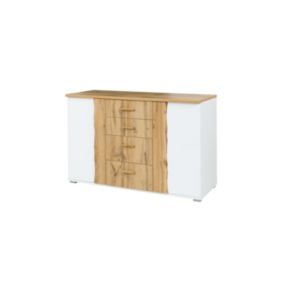 Commode WOOD 4 tiroirs et 2 portes coloris chêne et blanc
