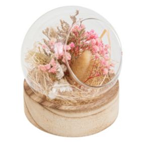 Compo de Fleurs Séchées dans une Boule en verre sur support en bois