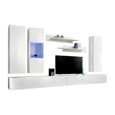 Composition murale FLY E5 meuble TV suspendu blanc brillant et noir LED design