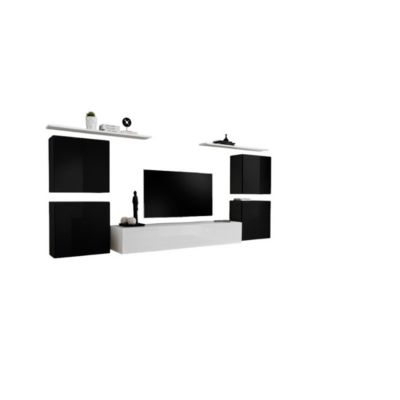 Composition murale SWITCH IV  Blanc et noir brillant  Meuble TV, blocs suspendus et étagères  Design moderne