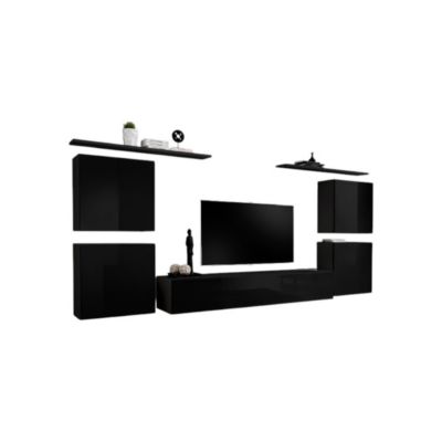 Composition murale SWITCH IV  Noir brillant  Meuble TV, blocs suspendus et étagères  Design moderne