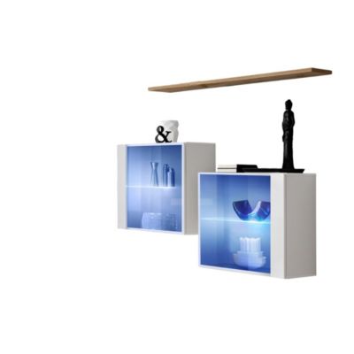 Composition murale SWITCH SBIII  Cubes vitrés LED et étagère  Blanc brillant et chene Wotan  Design moderne
