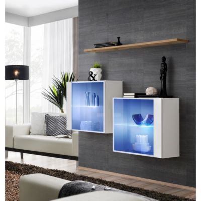 Composition murale SWITCH SBIII  Cubes vitrés LED et étagère  Blanc brillant et chene Wotan  Design moderne