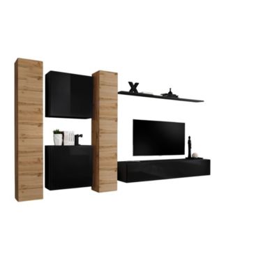 Composition murale SWITCH VI meuble TV suspendu noir brillant et chene Wotan design
