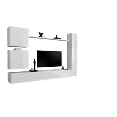 Composition murale SWITCH VIII  Meuble TV mural, colonne et cubes suspendus  Blanc brillant  Design moderne