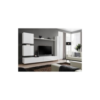 Composition murale SWITCH VIII  Meuble TV mural, colonne et cubes suspendus  Blanc brillant  Design moderne