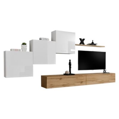 Composition murale SWITCH X  Meuble TV mural, cubes suspendus et étagère  Chene Wotan et blanc brillant  Design moderne