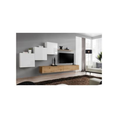 Composition murale SWITCH X  Meuble TV mural, cubes suspendus et étagère  Chene Wotan et blanc brillant  Design moderne