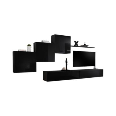 Composition murale SWITCH X  Meuble TV mural, cubes suspendus et étagère  Noir brillant  Design moderne
