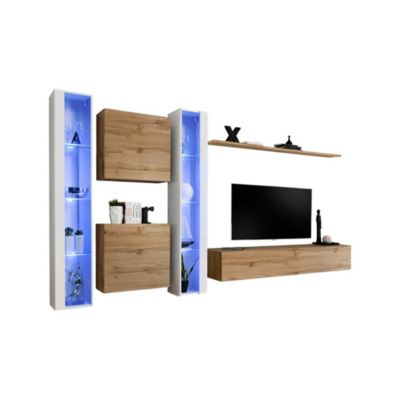 Composition murale SWITCH XVI  Meuble TV, vitrines LED, cubes et étagère  Chene Wotan et blanc brillant  Design contemporain