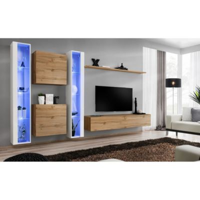 Composition murale SWITCH XVI  Meuble TV, vitrines LED, cubes et étagère  Chene Wotan et blanc brillant  Design contemporain