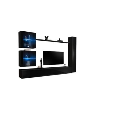Composition murale SWITCH XVIII meuble TV suspendu noir brillant avec vitrines