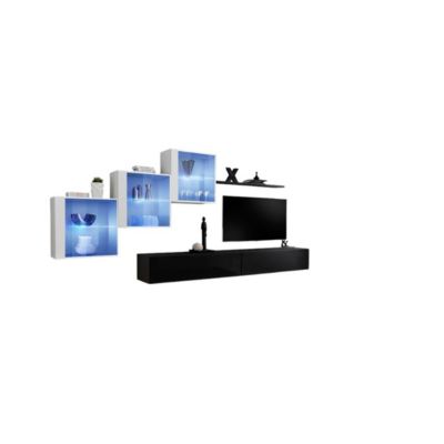 Composition murale SWITCH XX  Double meuble TV, cubes vitrés LED et étagère  Noir et blanc brillant  Design contemporain