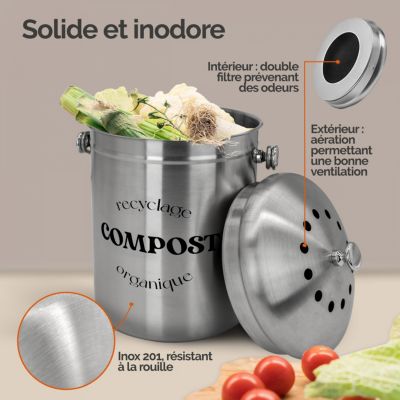 Composteur, bac, poubelle à compost de cuisine 5L rond en Inox - Gris - Linxor