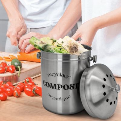 Navaris Poubelle à Compost 3 L Acier Inoxydable – Bac Cuisine Anti-Odeurs Avec 3 Filtres Charbon