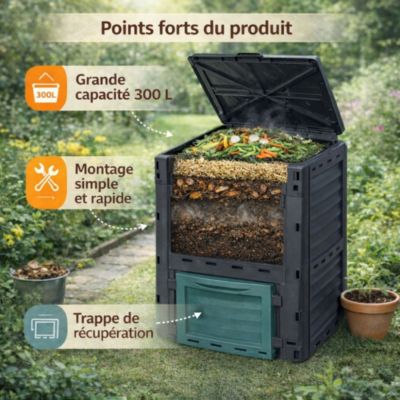 Composteur de jardin 300 L - 83 x 61 x 61 cm en plastique, Polypropylène