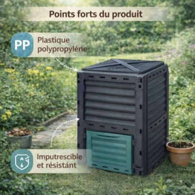 Composteur de jardin 300 L - 83 x 61 x 61 cm en plastique, Polypropylène