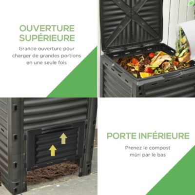 Composteur de jardin 300L - grande porte et couvercle - aération optimale - polypropylène noir