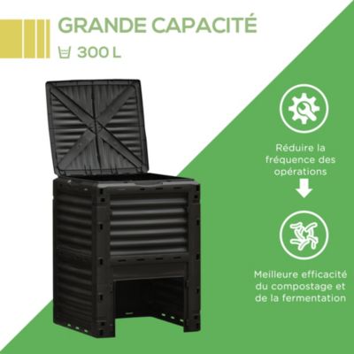 Composteur de jardin 300L - grande porte et couvercle - aération optimale - polypropylène noir