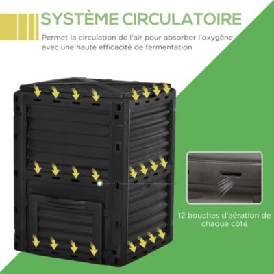 Composteur de jardin 300L - grande porte et couvercle - aération optimale - polypropylène noir