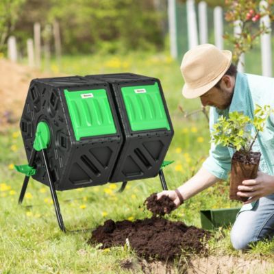 Composteur de jardin - bac à compost pour déchets - rotatif 360 degrés - double chambre 130 L - acier PP vert noir