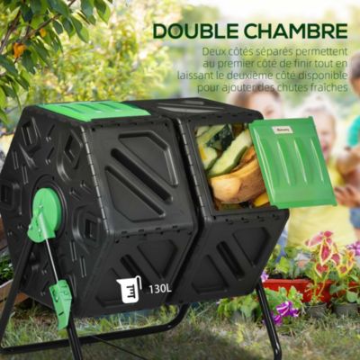 Composteur de jardin - bac à compost pour déchets - rotatif 360 degrés - double chambre 130 L - acier PP vert noir