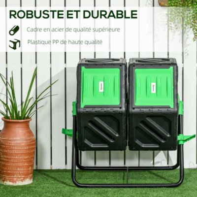Composteur de jardin - bac à compost pour déchets - rotatif 360 degrés - double chambre 130 L - acier PP vert noir